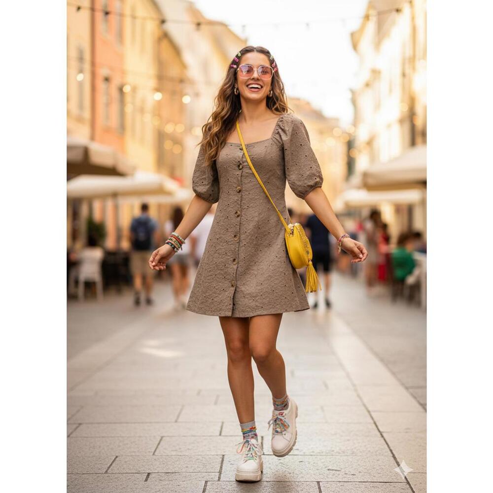 ASOS Design Eyelet Button Down Short Sleeve‎ Mini Dress in Sage Green Size 4